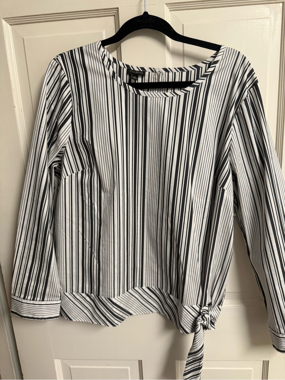 Talbots Black & White Vertical Stripe Long-Sleeve Tie-Hem Top